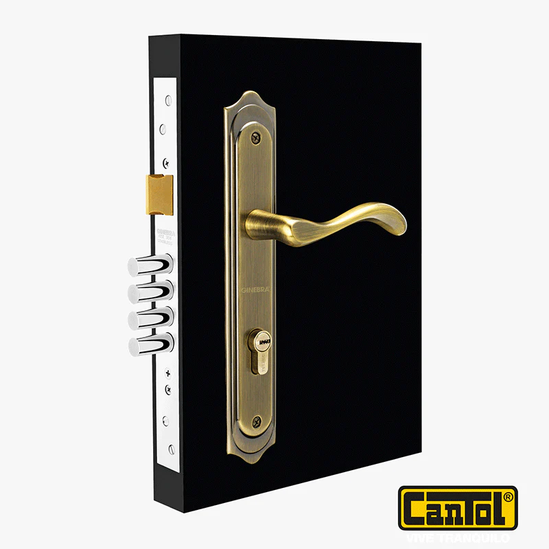 Cerradura de embutir 3 golpes manija clásica bronce antiguo izquierda Cantol