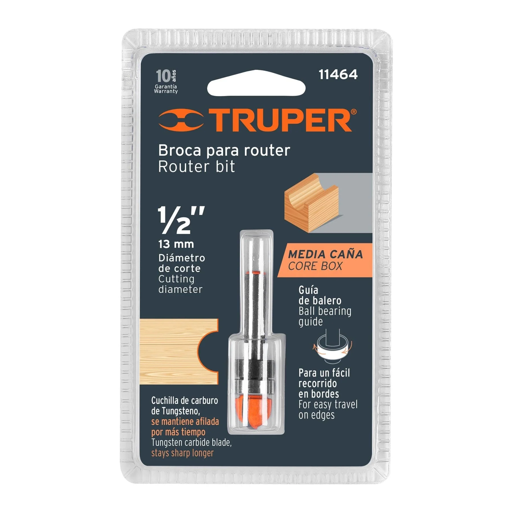 Fresa para ruteadora corte Media Caña 1/2" Con Rodaje Truper