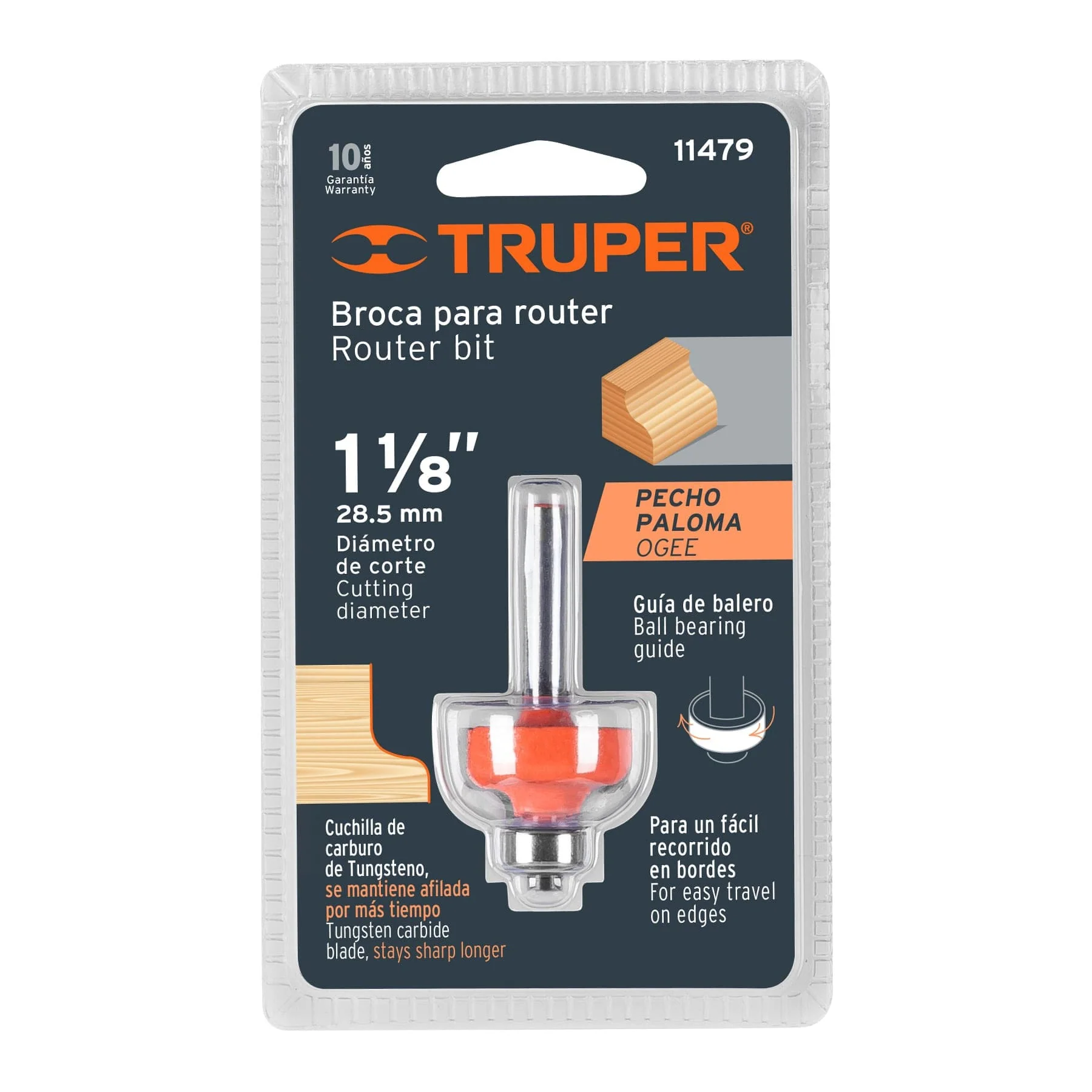 Fresa para ruteadora moldura pecho paloma 1-1/8 Truper