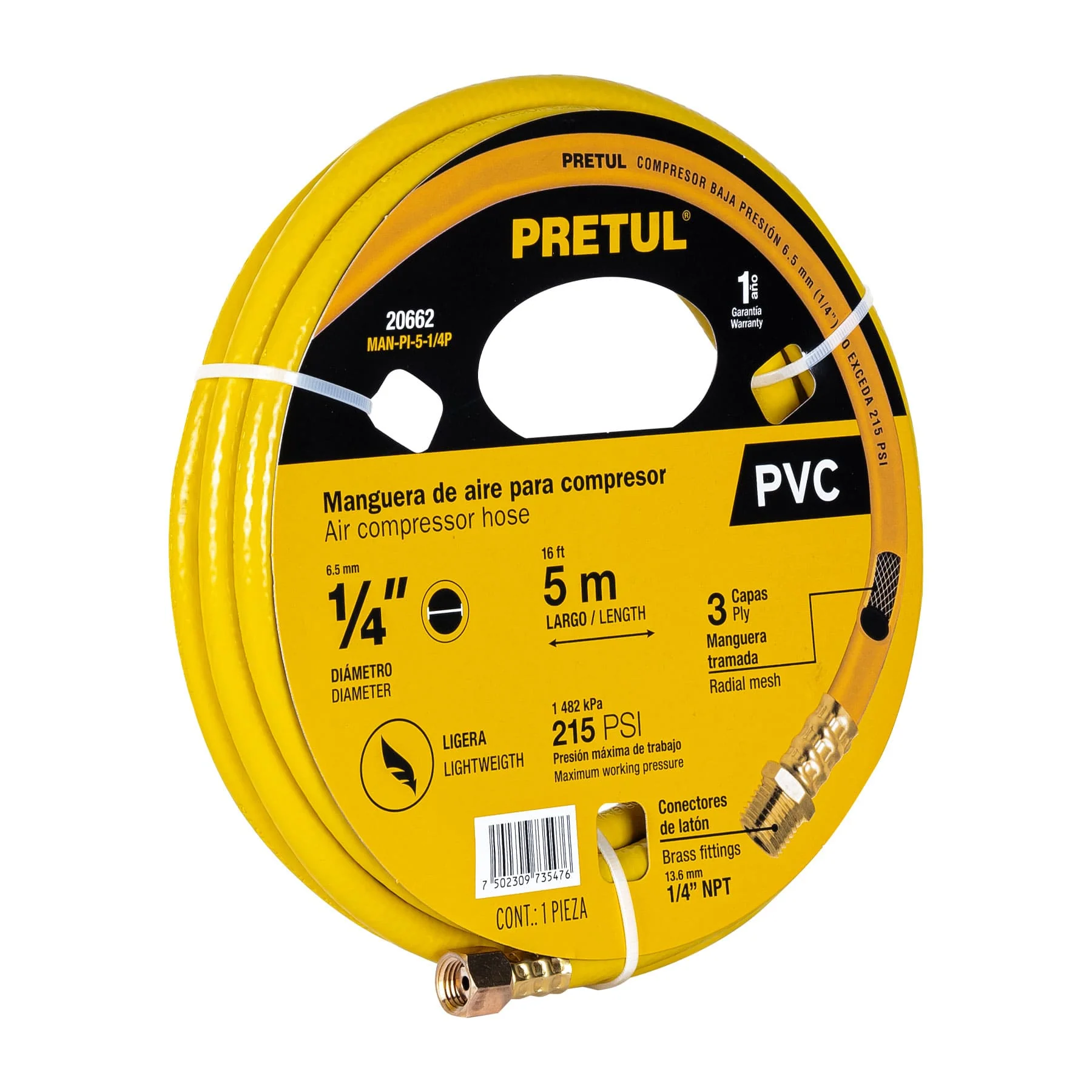 Manguera para compresora de aire 1/4"x5mt Pretul